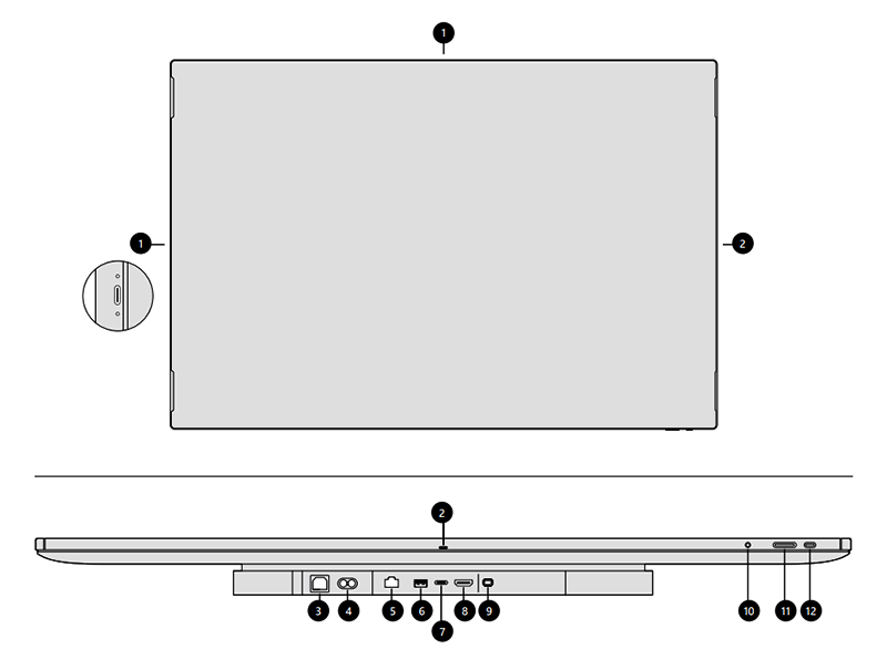 Visualizzazione anteriore e inferiore delle connessioni di I/O e dei pulsanti fisici.