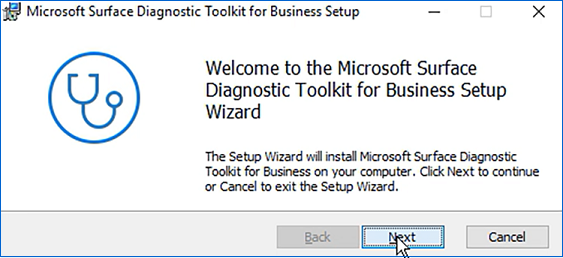 Screenshot che mostra l'avvio della configurazione guidata di Surface Diagnostic Toolkit.