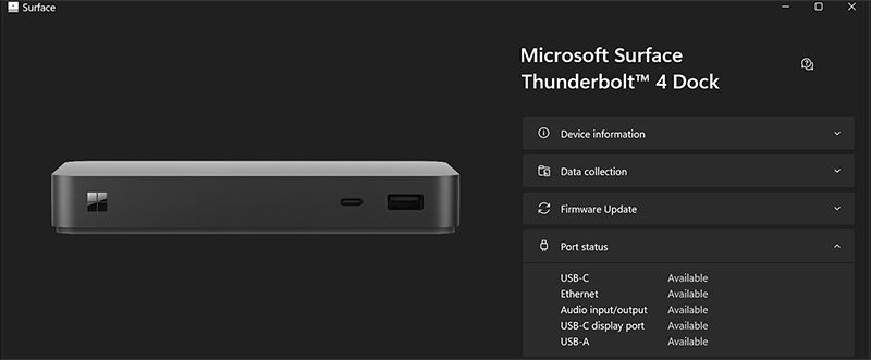 Screenshot che mostra l'app surface che mostra che tutte le porte sono disponibili per gli utenti autenticati in Surface Dock 2.