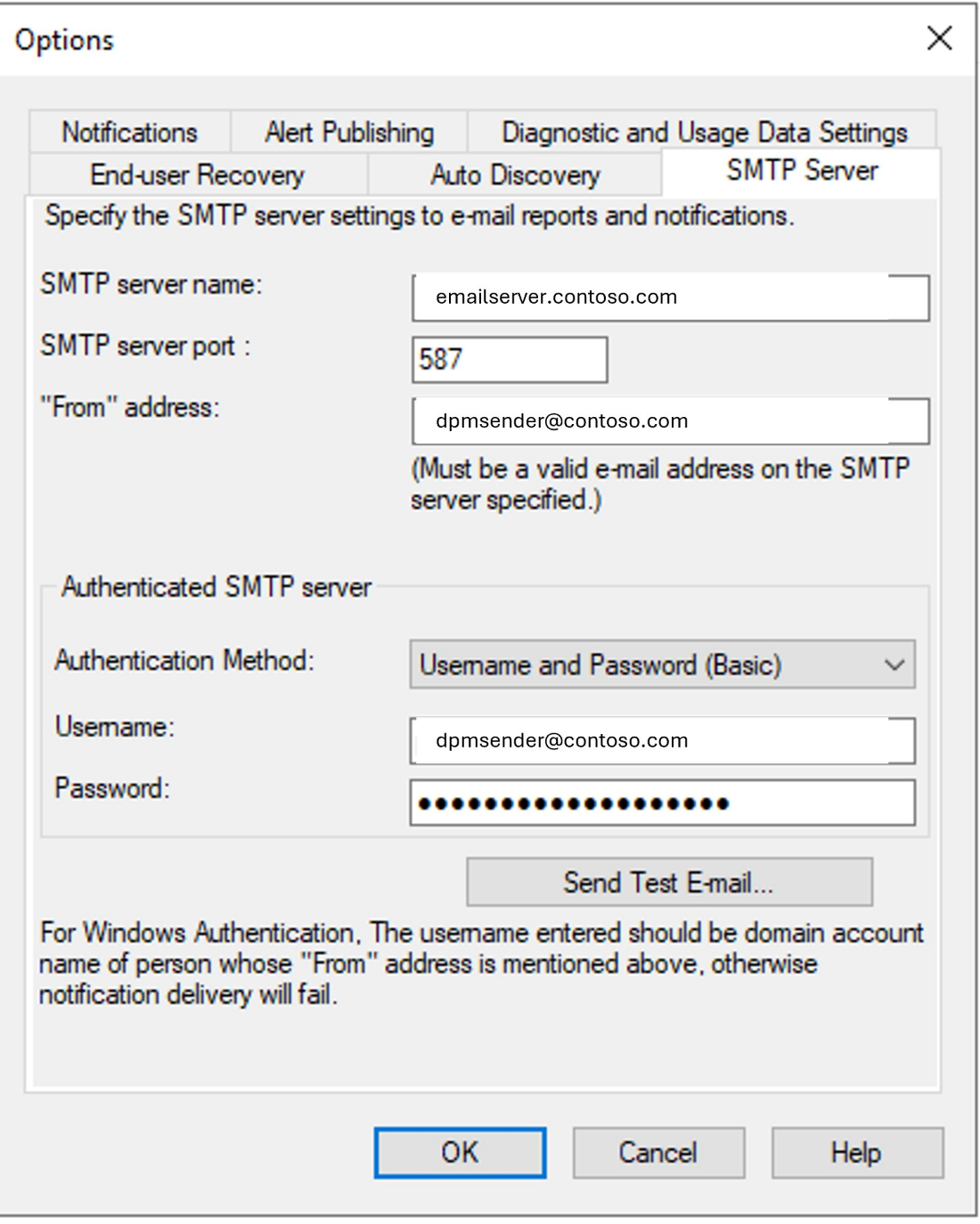 Screenshot della scheda Nuova del server SMTP.