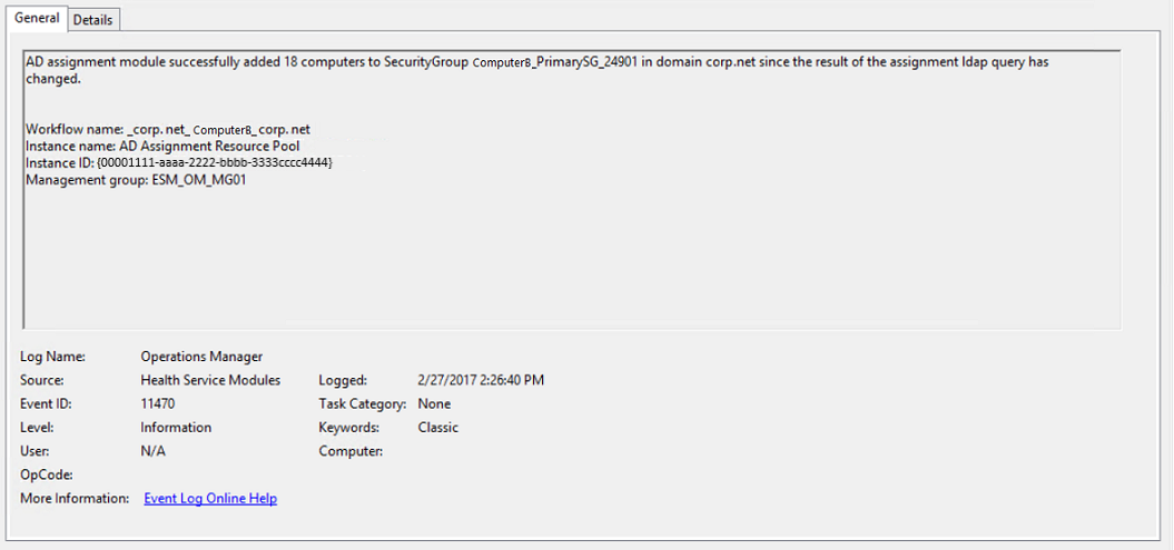 Screenshot che mostra l'evento di esito positivo dell'assegnazione dell'agente di Integrazione Active Directory.