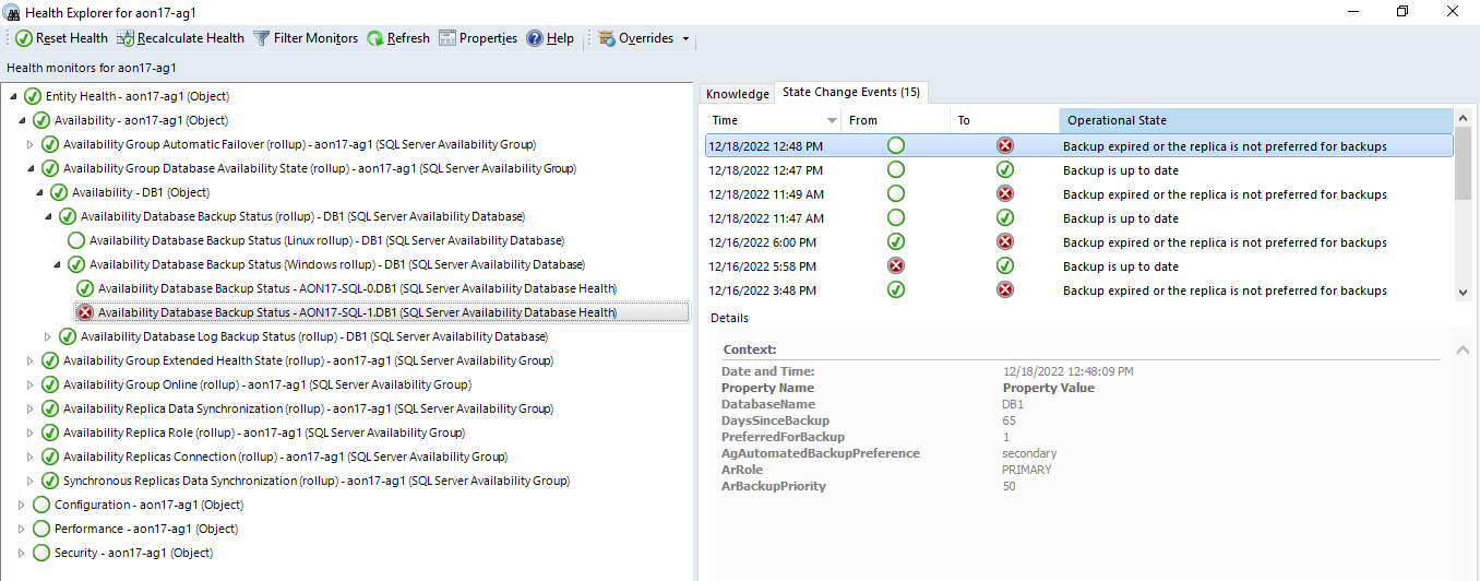 Screenshot dell'rollup dello stato del backup del database di disponibilità quando si disabilita la preferenza di backup per la replica primaria.