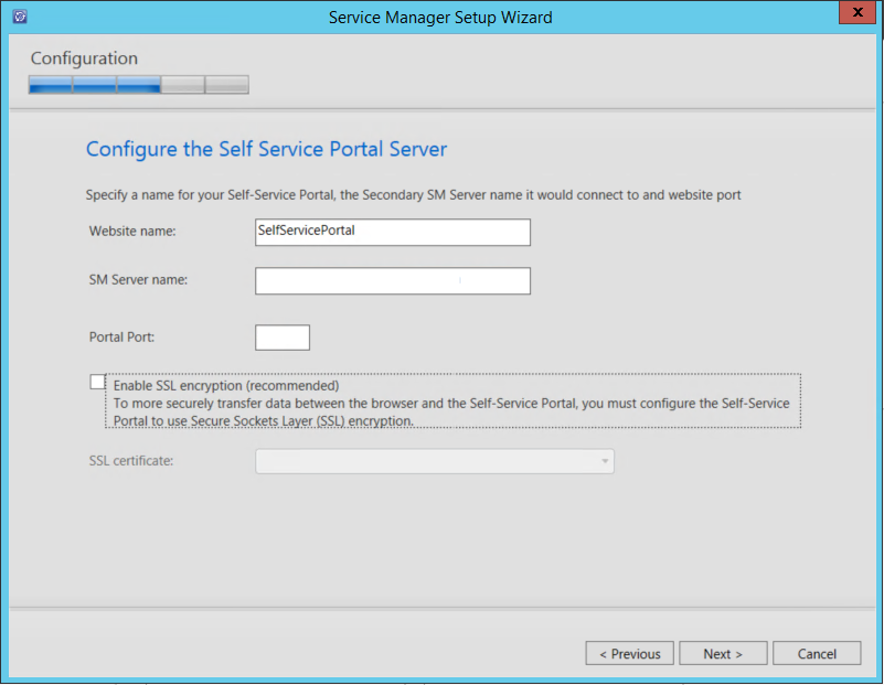 Screenshot che mostra la configurazione del server del portale self-service.