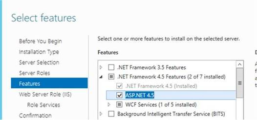 Screenshot che mostra la selezione ASP.NET 4.5.