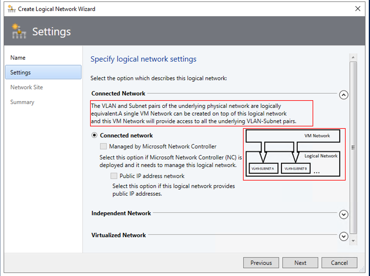 Screenshot di Create logical networks manually (Crea reti logiche manualmente).