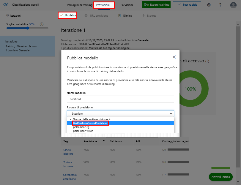 Screenshot che mostra come pubblicare un modello di Visione personalizzata sottoposto a training.