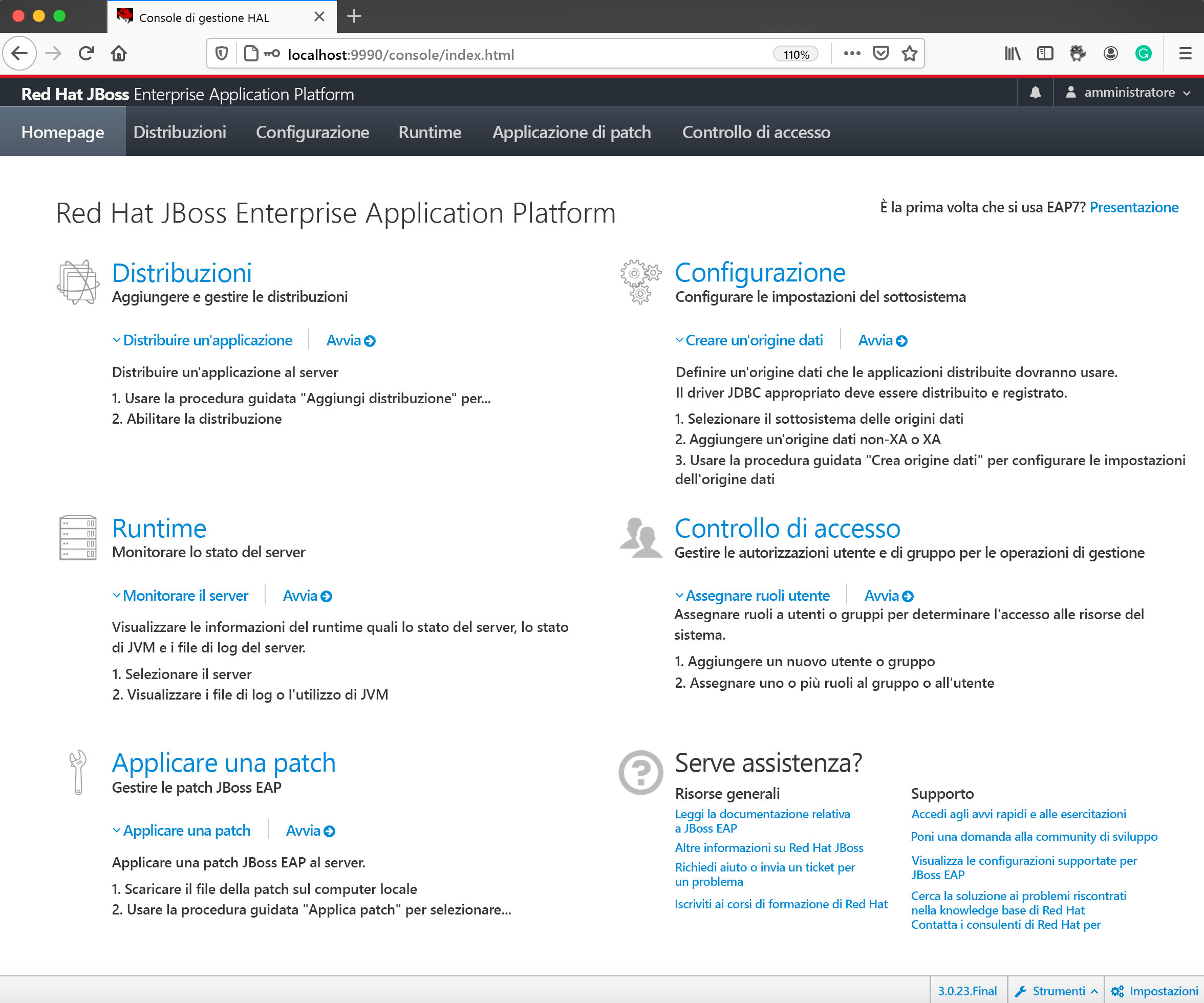 Screenshot that shows the main page of the admin console.