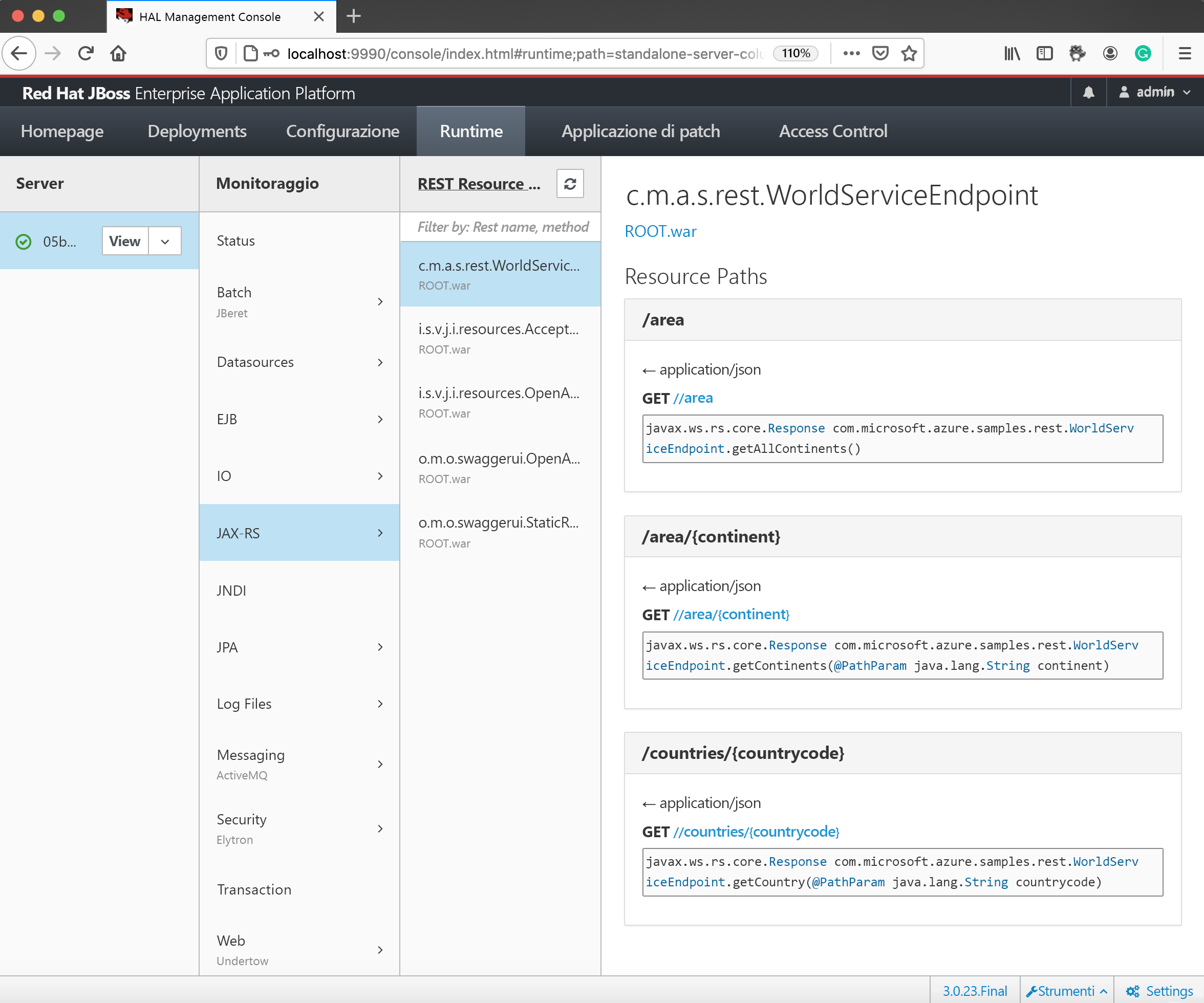 Screenshot that shows RESTful endpoints on the admin console.