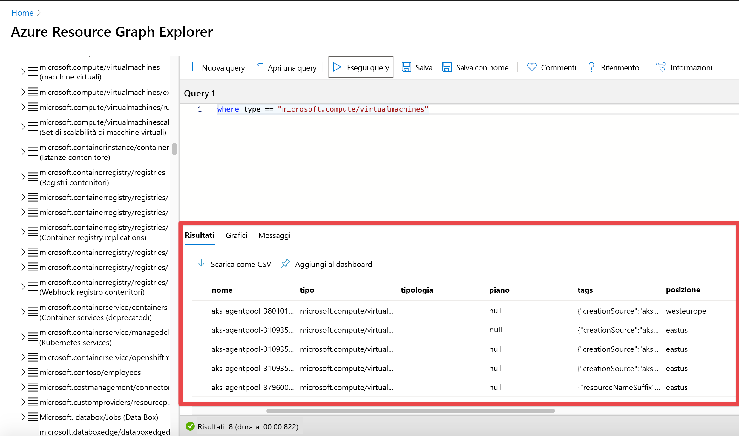 Resource graph panel in the Azure portal with results of query showing table of results.