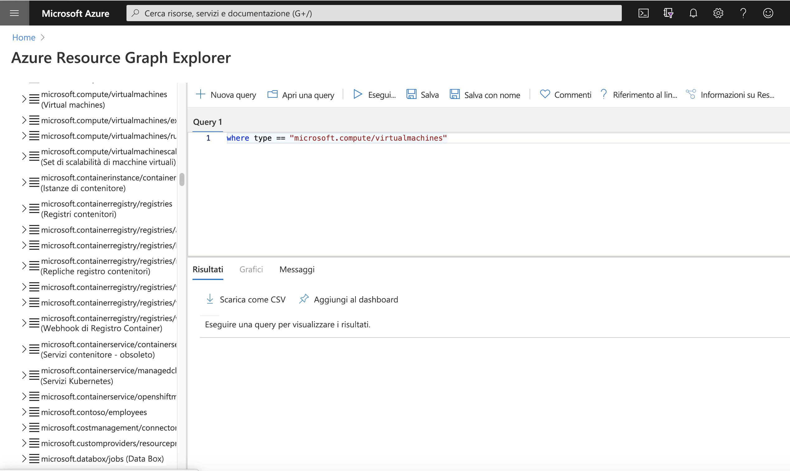 Resource graph panel in Azure portal with the query of where type == microsoft.compute/virtualmachines