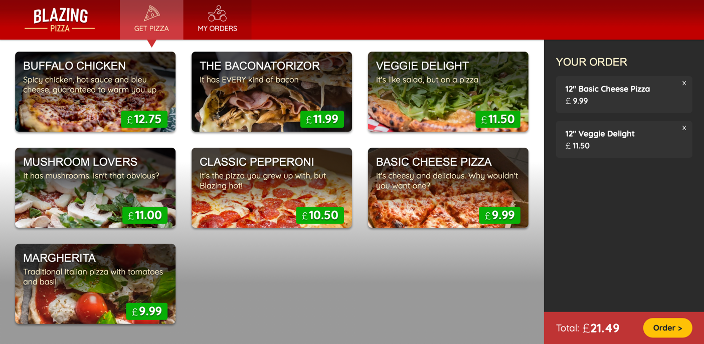 Screenshot dell'app Blazing Pizza dopo la clonazione