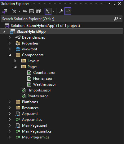 Screenshot di Esplora soluzioni di Visual Studio 2022 con un elenco di file in un progetto Blazor .NET MAUI predefinito.