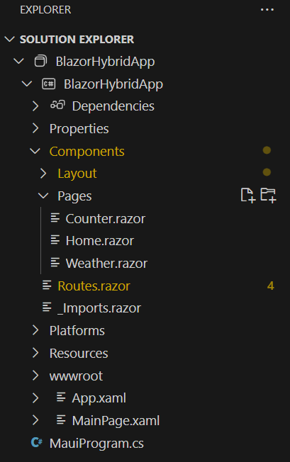 Screenshot di Esplora soluzioni di Visual Studio 2022 con un elenco di file in un progetto Blazor .NET MAUI predefinito.