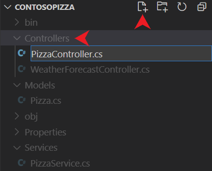 Screenshot di Visual Studio Code che mostra l'aggiunta di un nuovo file alla cartella Controllers.