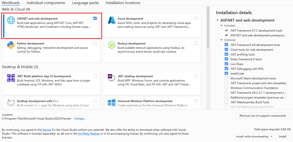 Screenshot della selezione del carico di lavoro ASP.NET e sviluppo Web nel programma di installazione di Visual Studio.