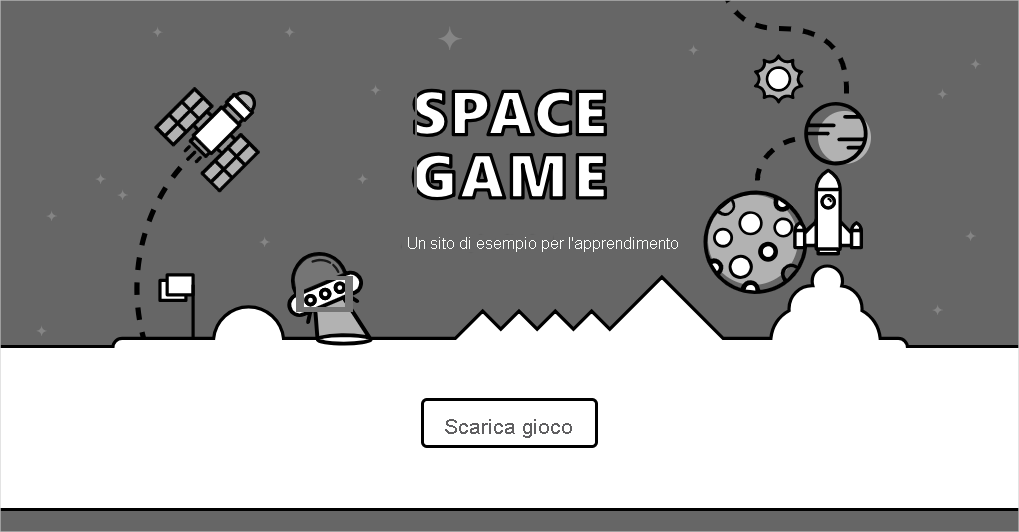 Screenshot of a web browser showing the Space Game website. The page shows graphics from the game and a button to download the game.