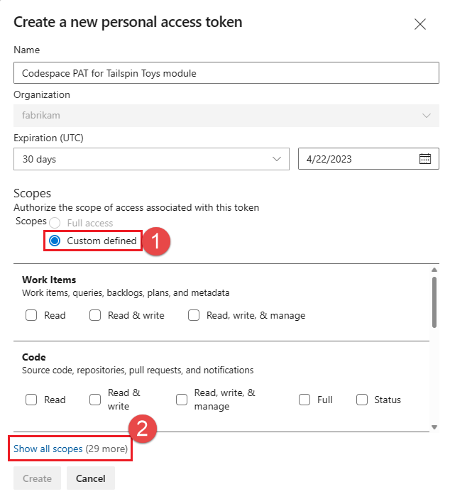 Screenshot di visualizzazione di tutti gli ambiti per un token di accesso personale.