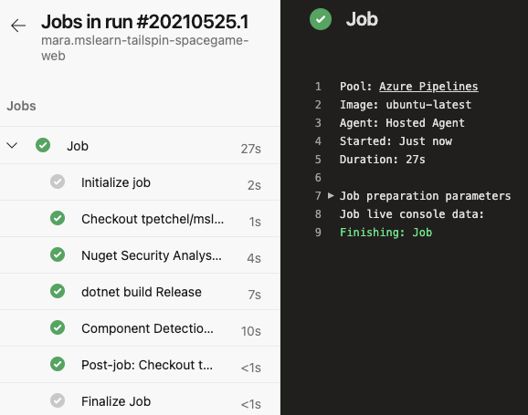 Screenshot di Azure Pipelines con l'output della configurazione della build iniziale.