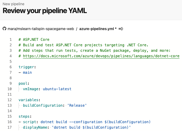 Screenshot di Azure Pipelines con la configurazione della build iniziale.