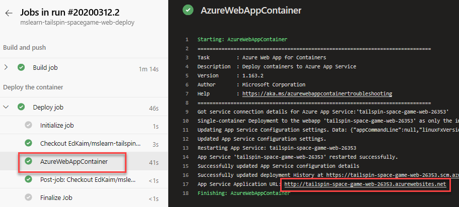 Screenshot of Azure Pipelines showing the location of the website URL.