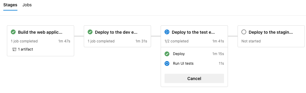 Screenshot di Azure Pipelines che illustra le fasi in esecuzione.