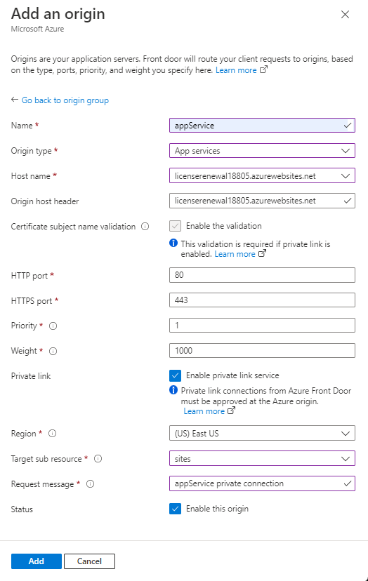 Screenshot of adding an App service origin setting in an origin group.