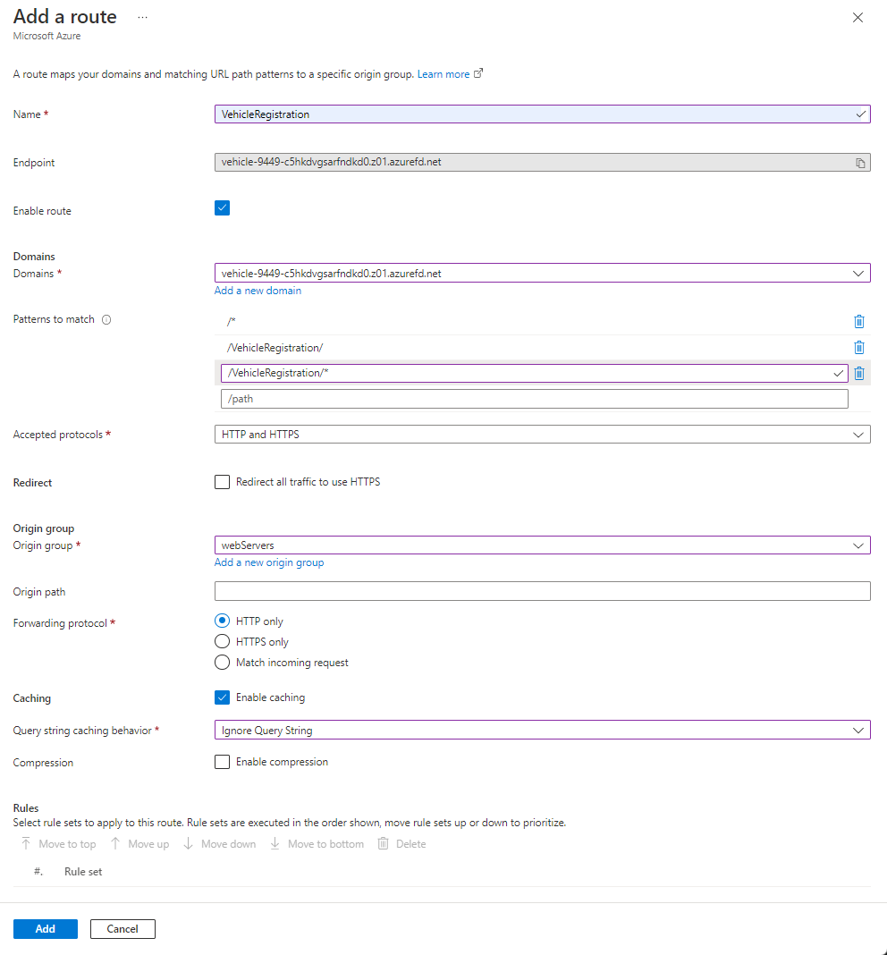 Screenshot of vehicle registration route settings.