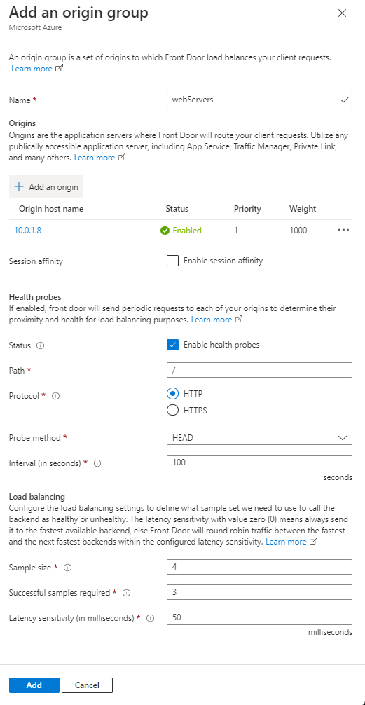 Screenshot of a web server origin added to an origin group.