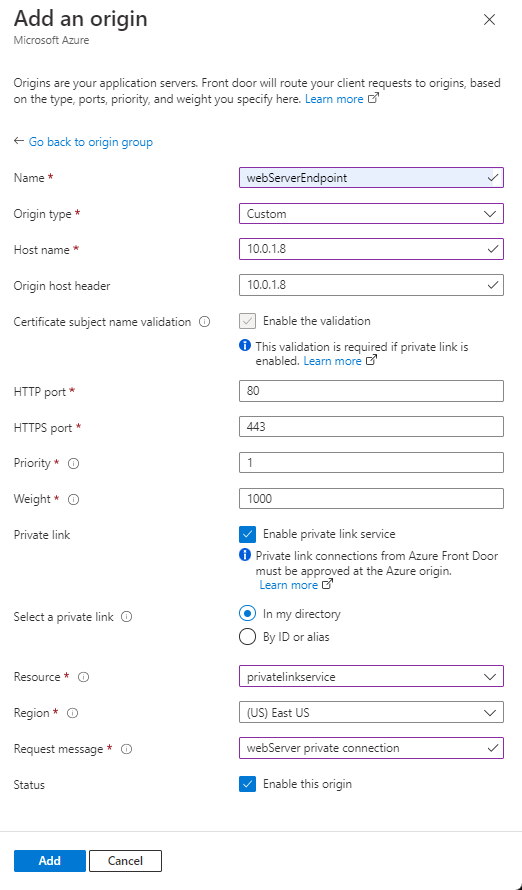 Screenshot of adding a web server origin setting in an origin group.