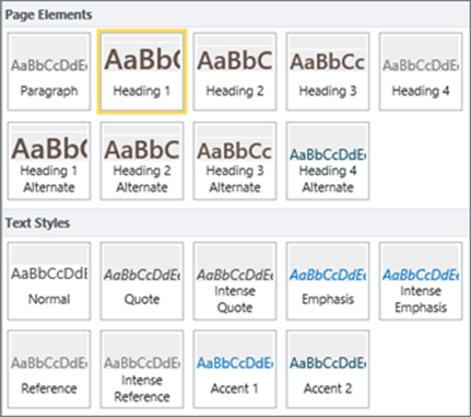 Screenshot degli elementi della pagina e degli stili di testo disponibili nel gruppo Stili della barra multifunzione di SharePoint Online.