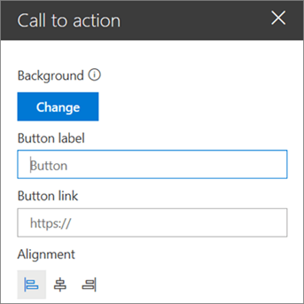 Screenshot della casella degli strumenti per la web part Call to Action per i siti di SharePoint, che mostra come personalizzare il collegamento, il pulsante e l'allineamento della web part.