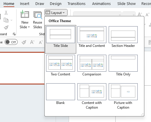 Screenshot del menu a discesa per i diversi layout in PowerPoint.