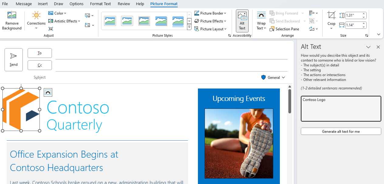 Screenshot del riquadro Testo alternativo in Outlook quando si accede dalla barra multifunzione Formato immagine.