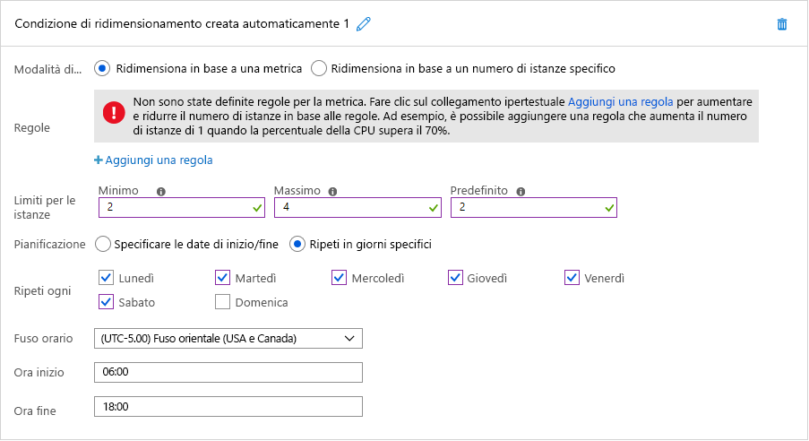 Figura 7: Ridimensionamento automatico pianificato in Azure.