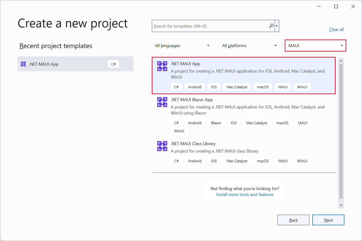 Screenshot della finestra di dialogo Crea un nuovo progetto in Visual Studio. L'utente seleziona il modello app .NET MAUI.