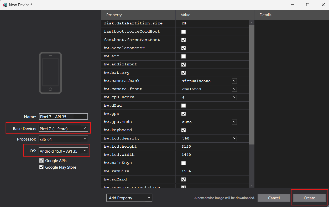 Screenshot della finestra Nuovo dispositivo da Android SDK. L'utente sta creando un nuovo dispositivo Pixel 3 con API 30 selezionato.