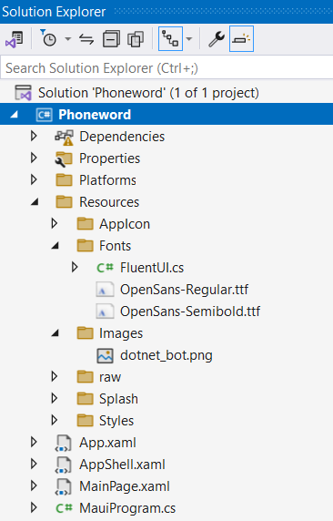 Screenshot del progetto Phoneword nella finestra Esplora soluzioni di Visual Studio.