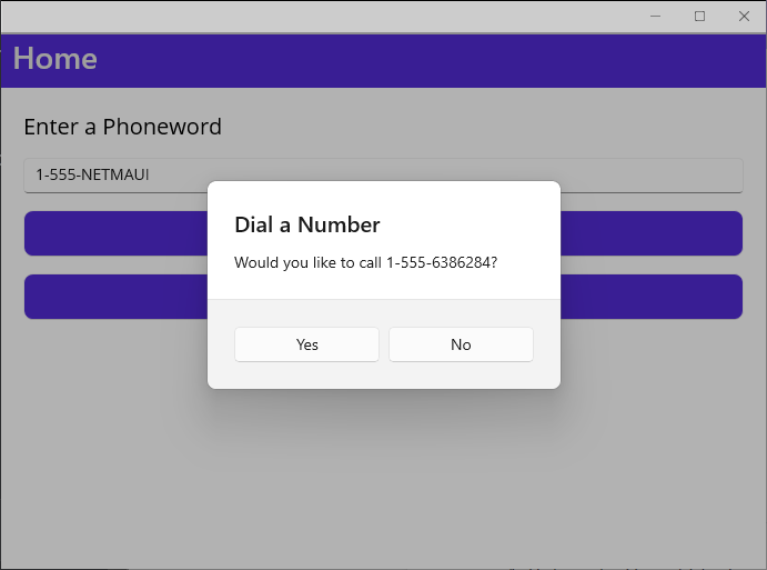 Screenshot del comando Dial a Number dell'interfaccia utente di Phoneword.