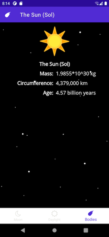 Screenshot dell'app in esecuzione con la schermata relativa ai dettagli del corpo astronomico evidenziata.