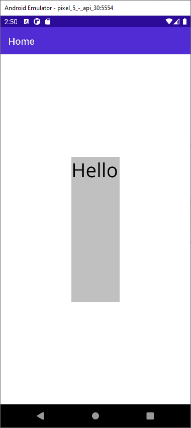 Screenshot che mostra il rendering di un'etichetta con la parola Hello al centro e uno sfondo di color argento in un dispositivo Android. La dimensione dell'etichetta è esplicita