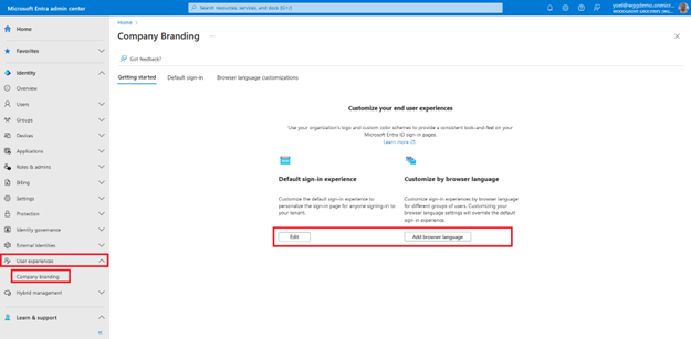 Screenshot del riquadro di spostamento a sinistra dell'interfaccia di amministrazione di Microsoft Entra con le opzioni Esperienze utente e Informazioni personalizzate distintive dell'azienda evidenziate e il pannello Informazioni personalizzate distintive dell'azienda in cui sono evidenziati due pulsanti Modifica e Aggiungere lingua del browser nella scheda Attività iniziali.