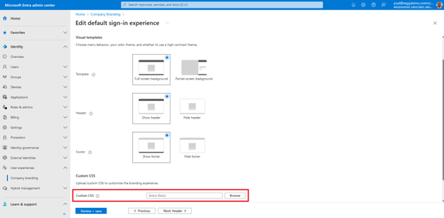 Screenshot della scheda Layout del pannello Modifica esperienza di accesso predefinita che evidenzia il campo per caricare CSS personalizzato.