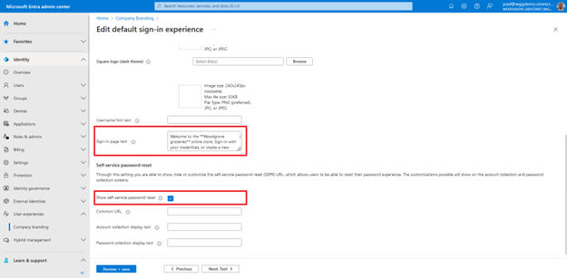 Screenshot della parte inferiore della scheda Modulo di accesso del pannello Modifica modulo di accesso predefinito in cui sono evidenziati il campo per personalizzare il testo della pagina di accesso e la casella di controllo Mostra reimpostazione password self-service selezionata.