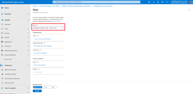 Screenshot del pannello Nuovo criterio di accesso condizionale con il campo di input di testo Nome evidenziato.