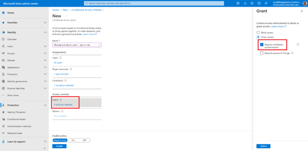 Screenshot del pannello Nuovo criterio di accesso condizionale che evidenzia l'opzione Concedi in Controlli di accesso e il riquadro aperto sul lato destro intitolato Concedi in cui è evidenziata l'opzione Richiedi autenticazione a più fattori.