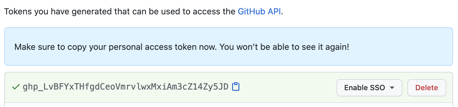 Screenshot con un esempio di token di accesso personale di GitHub.