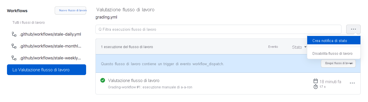 Screenshot della disabilitazione di un flusso di lavoro in GitHub.