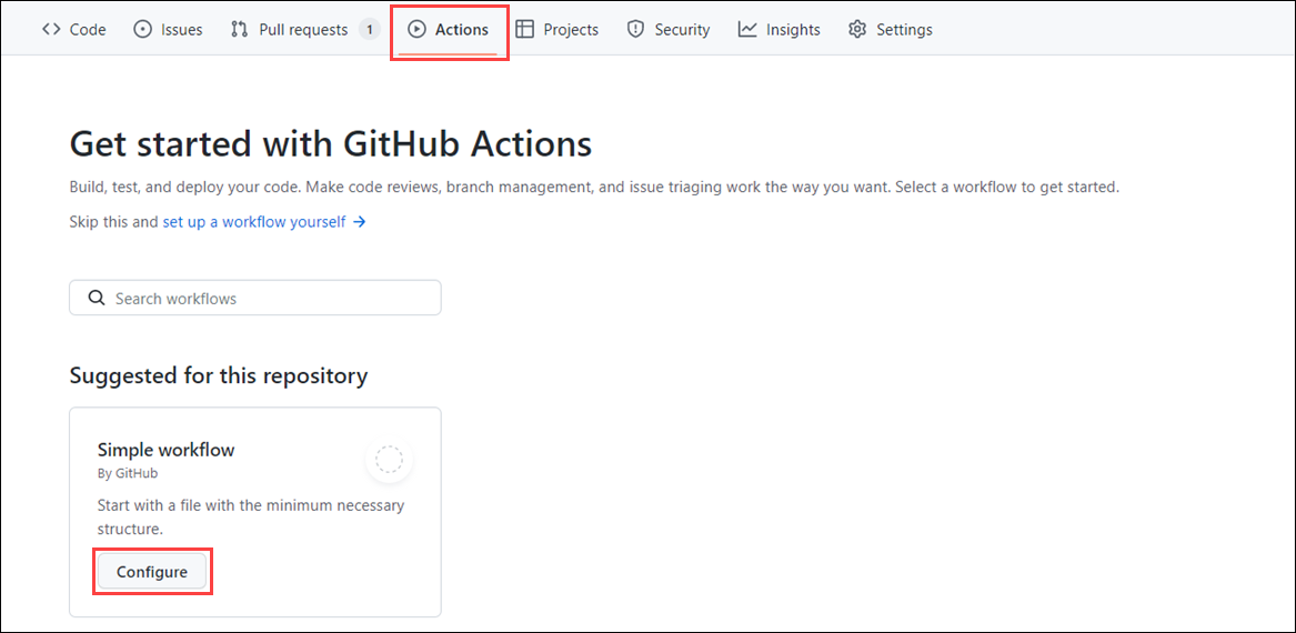 Screenshot della *scheda Actions* in GitHub Actions che illustra un semplice flusso di lavoro e un pulsante per configurare tale flusso di lavoro.