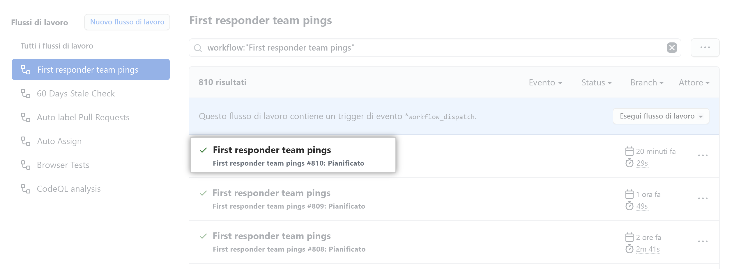 Screenshot che mostra un esempio di flusso di lavoro eseguito in GitHub.
