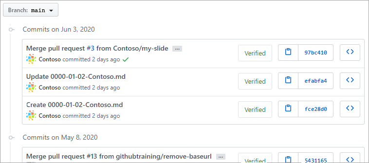 Uno screenshot di un elenco di commit di GitHub a un ramo principale.